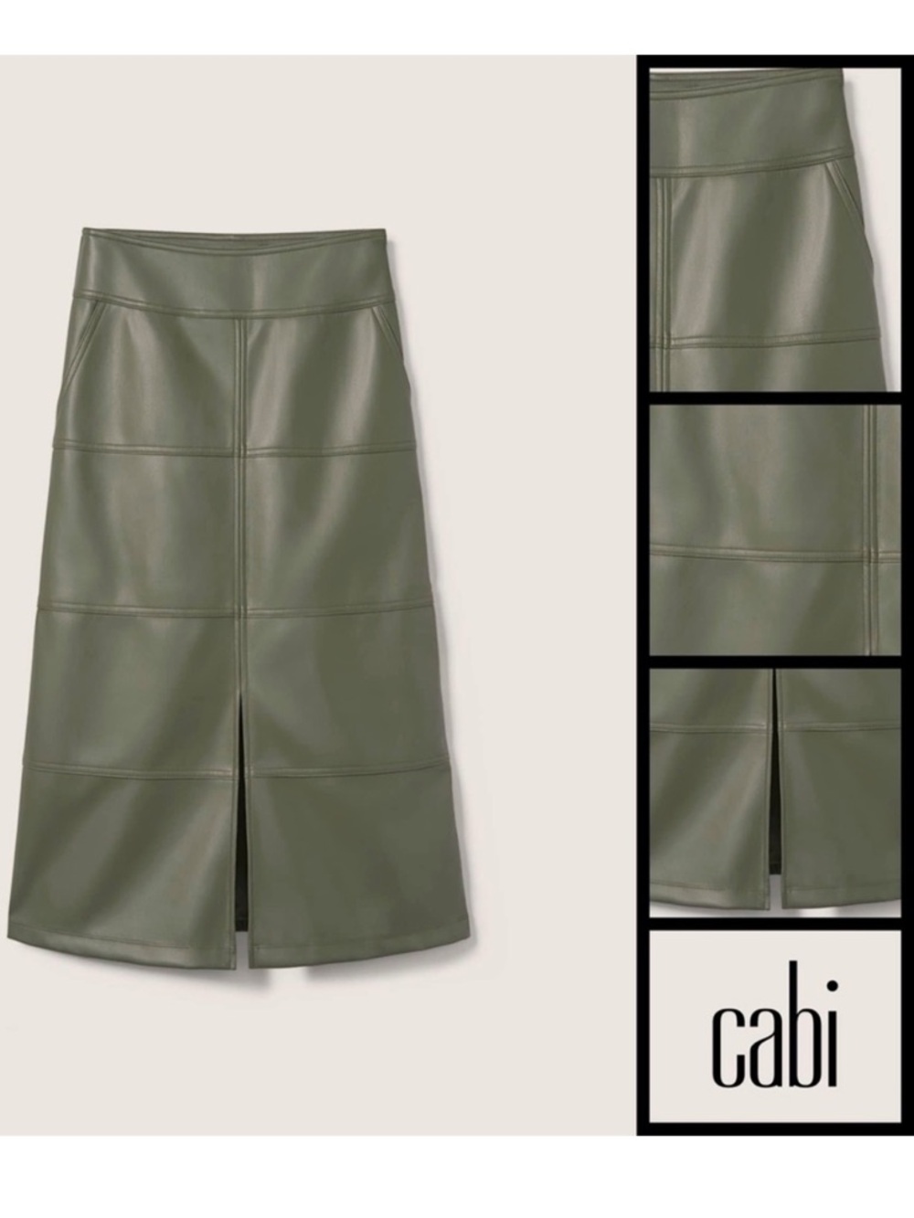 CAbi Olive Faux Leather High-Waist Midi Kick It Skirt - Picture 2 of 12